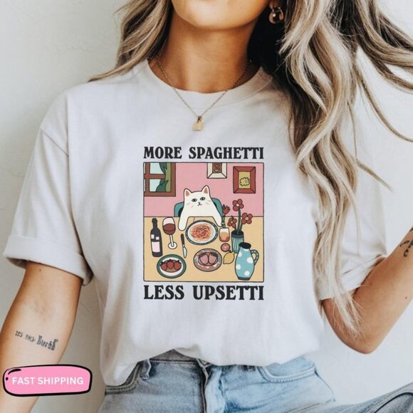 More Spaghetti Less Upsetti Cat T-Shirt Funny Cat Lover Tee - Picture 1 of 5